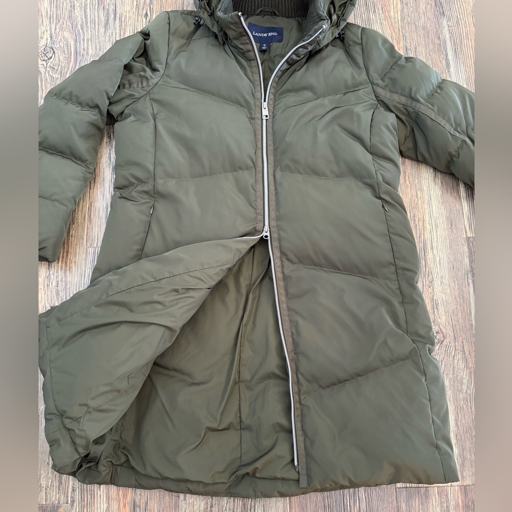 Lands’ End Hooded Quilted Down Puffer Jacket XL Olive Green 38” Long Two-Way Zip - Picture 3 of 14
